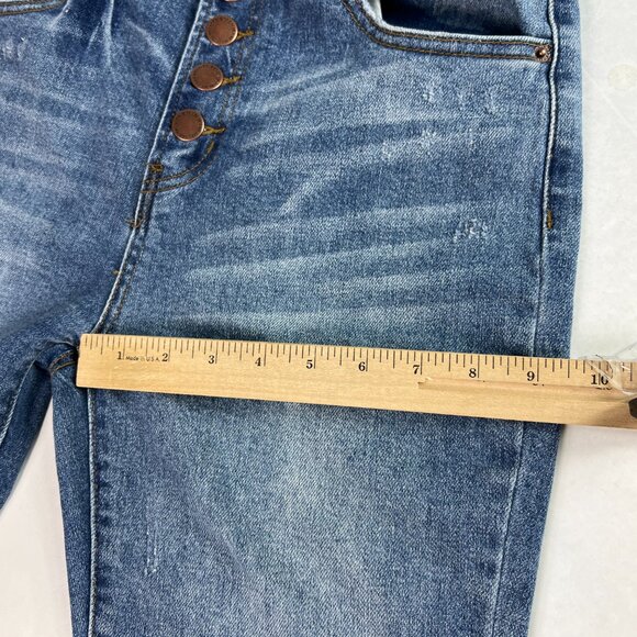 Risen Jeans Women 30x28* High Rise Flare Blue Faded Stretch Raw Hem Denim Tag 29 - Picture 14 of 16